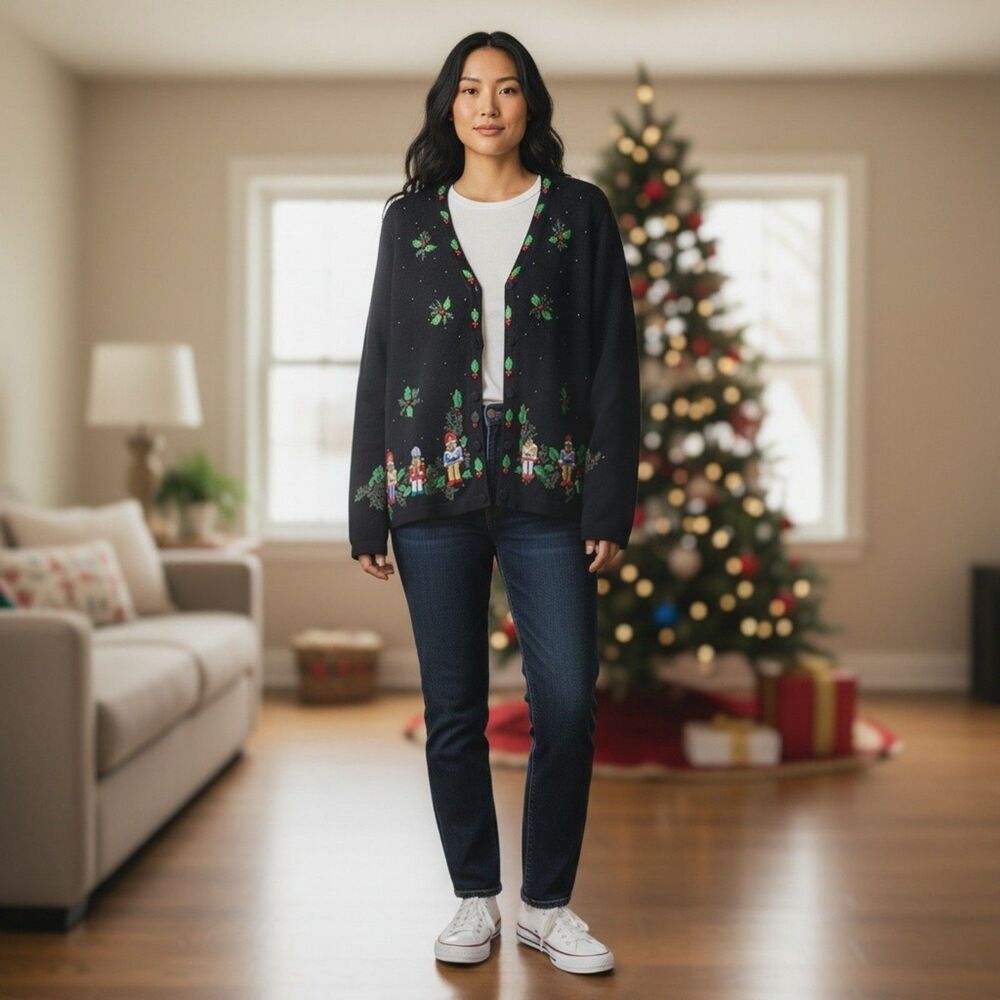 Vintage B.P. Design Black Knit Nutcracker Christmas Cardigan Sweater womens L